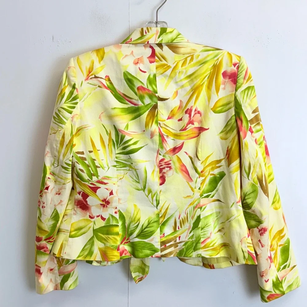 Judith Hart Petites Tropical Floral Blazer Jacket Yellow Green Pink Tie Neck 6P